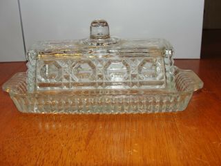 Vintage Crystal Starburst Press Cut Glass Covered Butter Dish w/Finial Style Lid 3