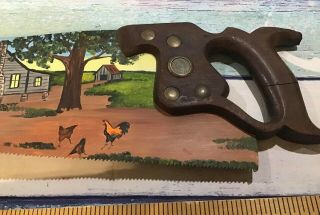Vintage Hand Painted Simonds Long Saw Log Cabin Barn Farm Chickens UNIQUE 3
