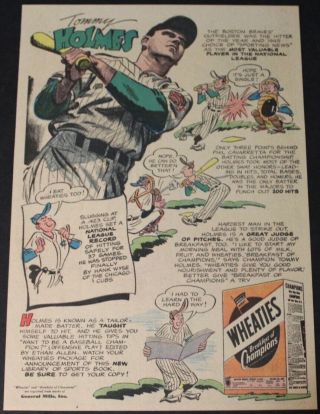 1948 Tommy Holmes Boston Braves Baseball Wheaties Full Page Color Cartoon Advert