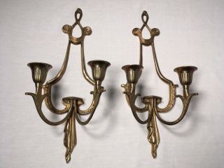 Vintage Antique Ornate Brass Wall Sconces Candle Holders Dual Arm Vgc