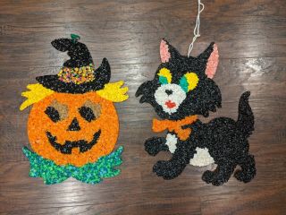 Vintage Halloween Jol Pumpkin,  Black Cat Pop Corn Melted Plastic Decorations