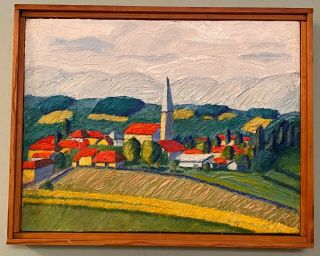 1970s Oil Painting On Canvas Impressionist Town Farm Landscape – Great Painting