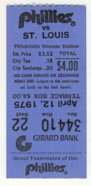 Phillies Ticket Stub 1975 Vs St.  Louis