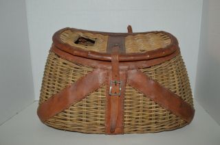Vintage Creel Wicker Basket With Tooled Leather Trout - Fishing Made In Hong Kong