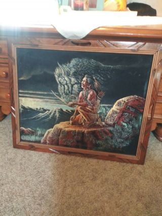 Vintage Oil On Velvet Native American Wood Frame Made In Mexico 22 " 3/4 X 19 "