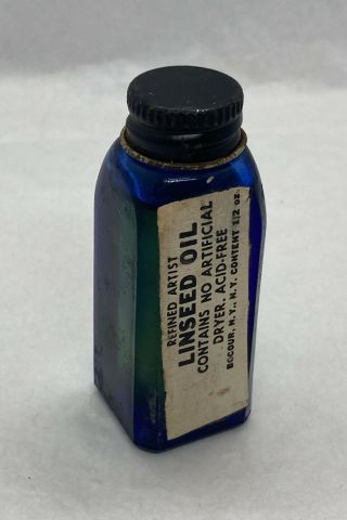 Vintage Refined Artist Linseed Oil Blue Glass Bottle Metal Cap 1/2oz.  Full
