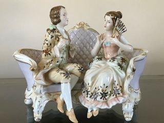 Vintage Porcelain Man & Woman Sitting On Couch Figurine Andrea By Sadek 6259
