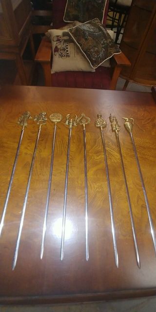 Eight (8) Vintage Stainless Steel And Brass Shish Kabob Skewers