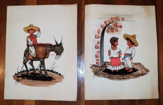 2 Vintage Mexican Watercolor Paintings Signed Originals Folk Art Rural Children