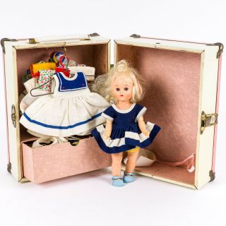 Vintage 1950s Ginny - Type Doll Sleep Eyes Straight Leg Walker Trunk & Accessories