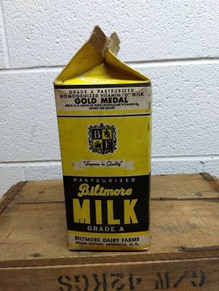 Vintage Biltmore Dairy Farms Grade A Milk Carton,  Asheville,  Nc,  One Half Gallon