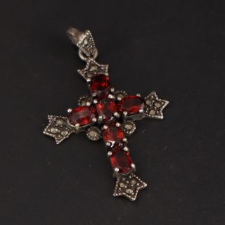 Vtg Sterling Silver - Garnet & Marcasite Cluster Cross Religious Pendant - 4g