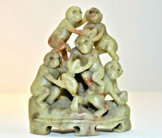 Asian Soapstone Carving Monkeys China Playful Pyramid Carved Vintage Tower