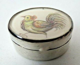 Small Antique Sterling Silver Pill Box With Hand Painted Bird Under Glass Top