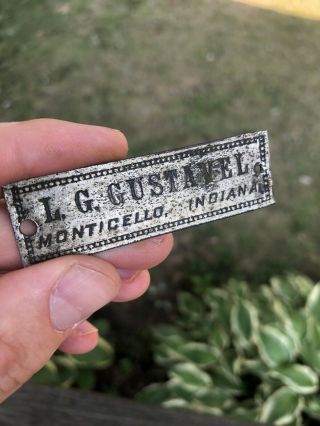 Antique Lg Gustavel Buggy Metal Plaque Tag Monticello Indiana Sign