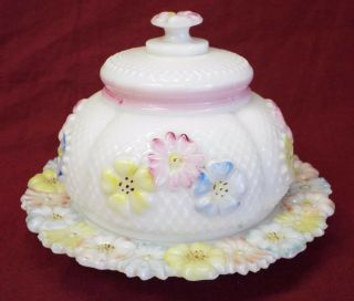 Antique Consolidated Lamp & Glass Co.  " Cosmos " Covered Butter Dish Milk Glass