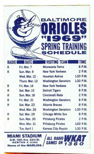 Baltimore Orioles 1969 Spring Training Pocket Schedule