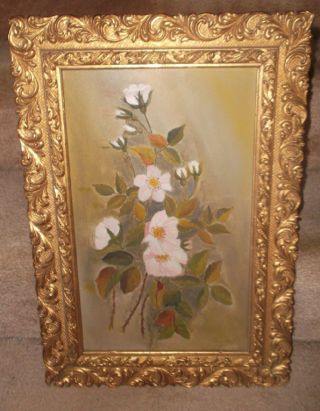 Antique Rose Still Life Oil Painting On Board In Fab Detailed Orig Carved Frame