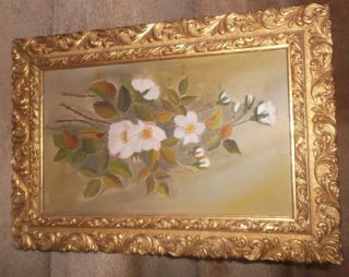 Antique Rose Still life Oil painting on board in fab detailed orig carved frame 2