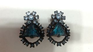 Vintage Black & Shades Of Blue Juliana Style Rhinestone Clip On Earrings