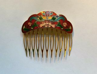 Vintage (1982) Cloisonne Enamel Floral Metal Hair Comb Ornament 1980s