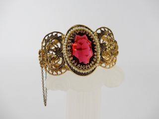Vintage Antique Filigree Gold Tone Faceted Glass Stone Pearl Bangle Bracelet