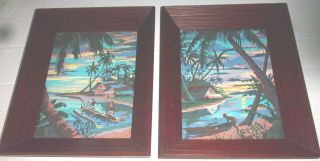 Framed 1953 Vintage Tiki Tropical Sunset Paint By Numbers W/ Natives