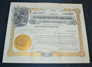 The Savage Bear Gold And Silver Mining Company 1908 Antique Stock Certificate
