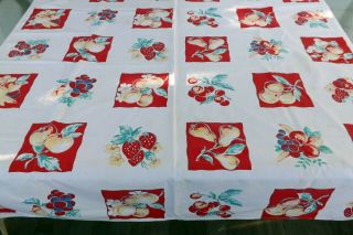 Vtg Tablecloth Fruit Cherry Strawberry Peach Pear On Red Jadeite Leaves 49x48
