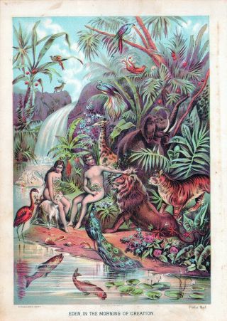 Vintage Christian Print The Garden Of Eden 19th Century Color Lithograph 1887