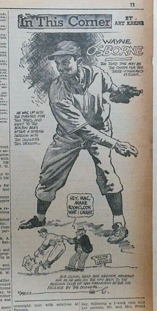 1936 Newspaper Panel In This Corner By Krenz - Wayne Osborne Boston Bees Pitcher