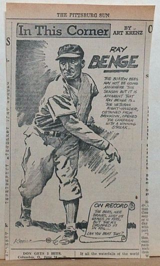 1936 Newspaper Panel In This Corner By Krenz - Ray Benge Boston Bees Pitcher