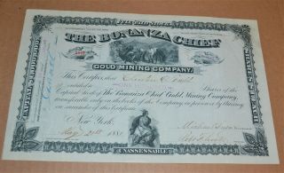 The Bonanza Chief Gold Mining Company 1881 Antique Stock Certificate
