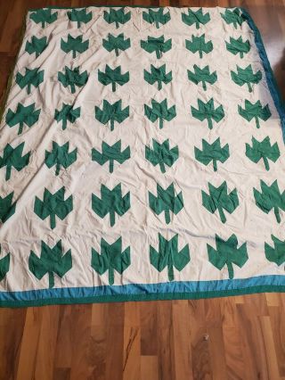 Antique Vtg Hand Sewn Handmade Cotton Quilt 76x64 Green White Maple Leaf