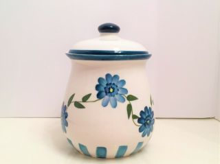 Vintage Blue And White Ceramic Canister - Kitchen - Bathroom - Lidded - 8 1/2 "