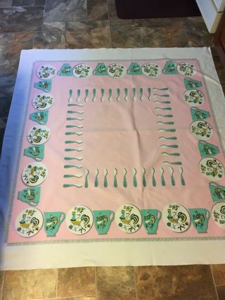 Vintage Tablecloth Pink & Aqua Spoon Chicken Coffee Cup Design