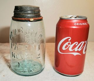 Antique Aqua Glass Midget Mason Fruit Jar Patent Nov.  30,  1858 Cross W/ Zinc Lid