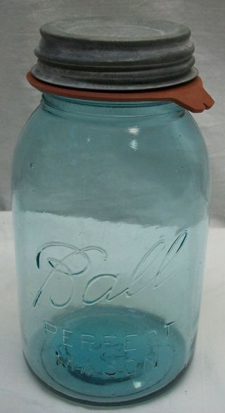 Vintage Blue Ball Perfect Mason 13 Quart Jar With Zinc Lid & Jar Rubber