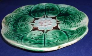 MAJOLICA vintage Antique Pottery Water Lily Plate green and white 2