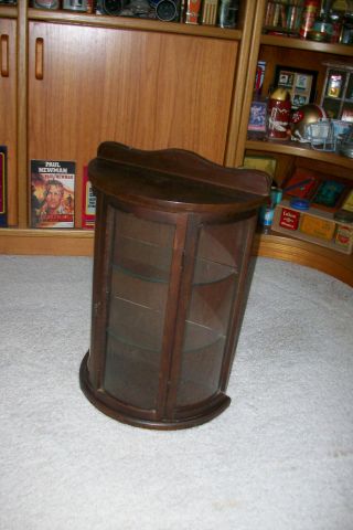 Vintage Wood And Curved Glass Wall Curio Display Case Cabinet