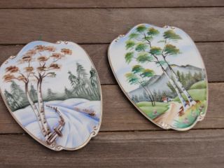 2 Vintage Lefton Wall Hanging Porcelain Plaque Shield Hand Painted Country Road