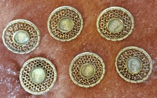 Set Of 6 Antique Lithograph Lady Gold Brass Filigree Shank Buttons