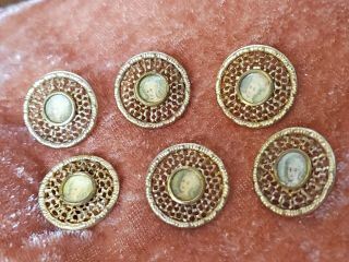 Set of 6 Antique Lithograph Lady Gold Brass Filigree Shank Buttons 2