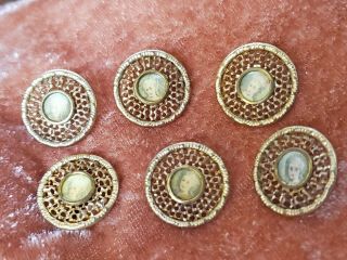 Set of 6 Antique Lithograph Lady Gold Brass Filigree Shank Buttons 3