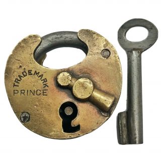 Authentic Antique Lock & Key Padlock - Ca.  1800’s India - Brass Metal Old Tool C