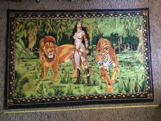 Vintage Wall Tapestry Ha Va 1977 Felt Nude Lady Lions Garden 57x37 Large