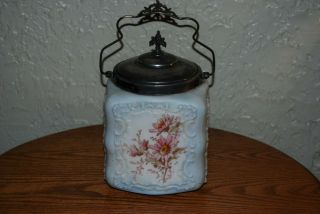 Antique C.  F.  Monroe Wavecrest Victorian Biscuit Jar,  Cracker Jar,  Opal Ware.