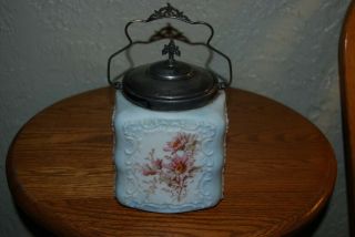 Antique C.  F.  Monroe Wavecrest Victorian Biscuit Jar,  Cracker Jar,  Opal Ware. 2