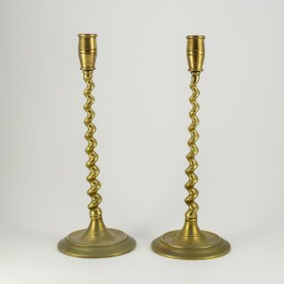 Set Of 2 Vintage Brass Candlestick Taper Holders With Spiral Twist Stems 11.  75 "