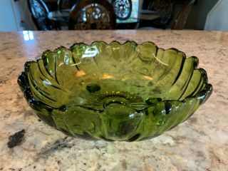 Large Serving Bowl Vintage 3 Footed Antique Green Depression Glass Sunflower